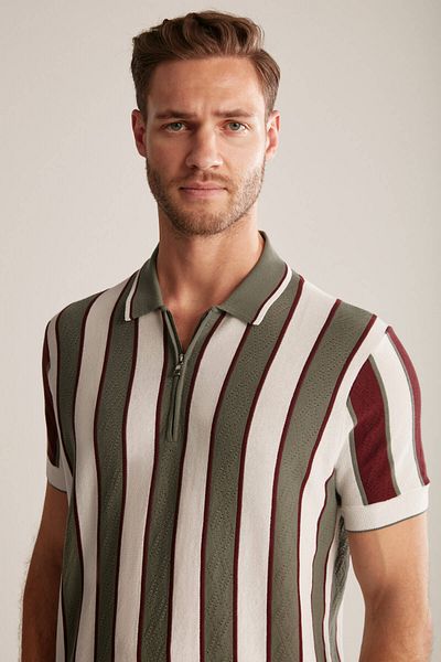 Hemington Stripe Pattern Khaki-White Knitwear Polo