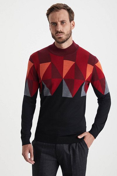Hemington Patterned Black-Red Half Turtleneck Merino Wool Sweater