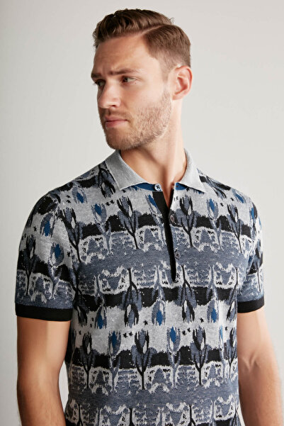 Hemington Flower Pattern Linen Cotton Navy Blue Knitwear Polo