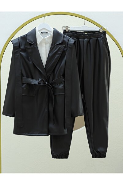 Modamorfo Belted Leather Jacket with Shoulder and Pocket Detail - Black