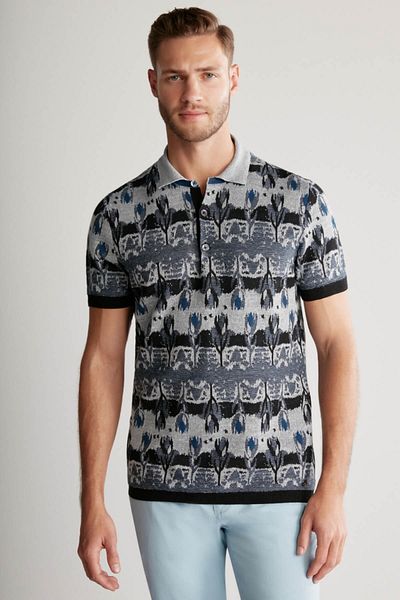 Hemington Flower Pattern Linen Cotton Navy Blue Knitwear Polo