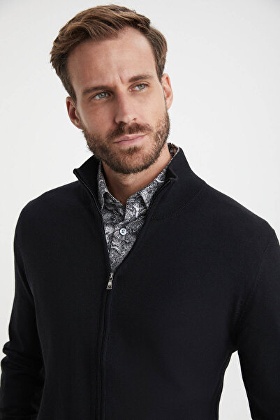 Hemington Siyah Fermuarlı Merino Yün Triko Hırka