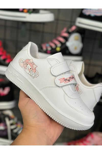 MECH BUTİK Cute Printed White Bead Decorated Velcro Children's Shoes