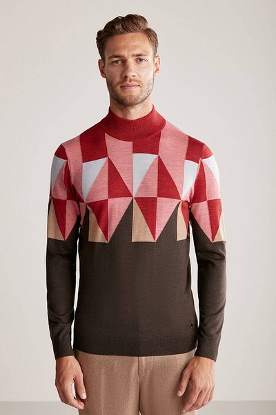 Hemington Patterned Brown-Pink Half Turtleneck Merino Wool Sweater