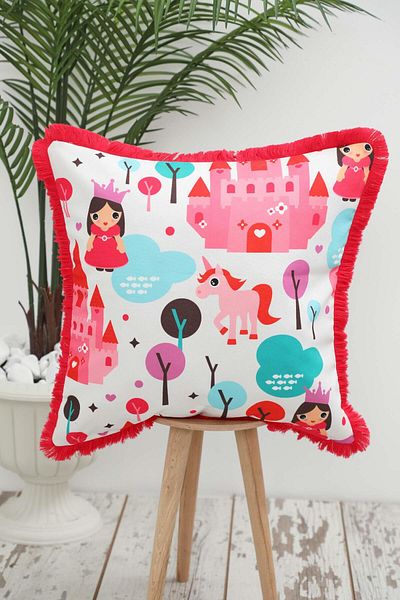 Aisha's Design Pink Princess Baby Themed Children's Throw Pillow Cover with Fringed Edges 45X45 Cm,K-407