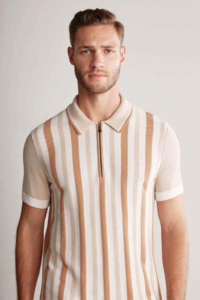 Hemington Zipper Detailed Line Pattern Cream Color Knitwear Polo