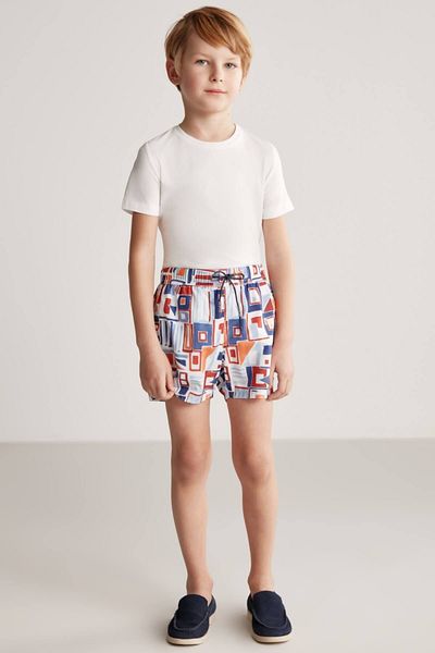 Hemington Geometric Pattern Navy Blue Orange Quick Dry Children's Swimsuit