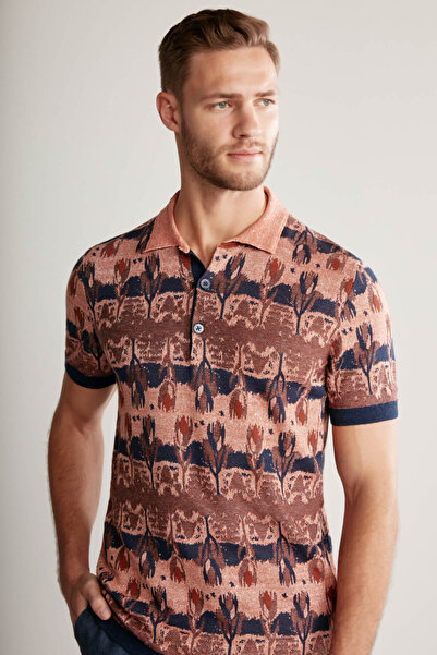 Hemington Floral Patterned Linen Cotton Orange Knitwear Polo