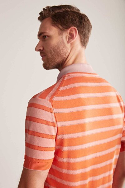 Hemington Zipper Detailed Line Pattern Orange Knitwear Polo