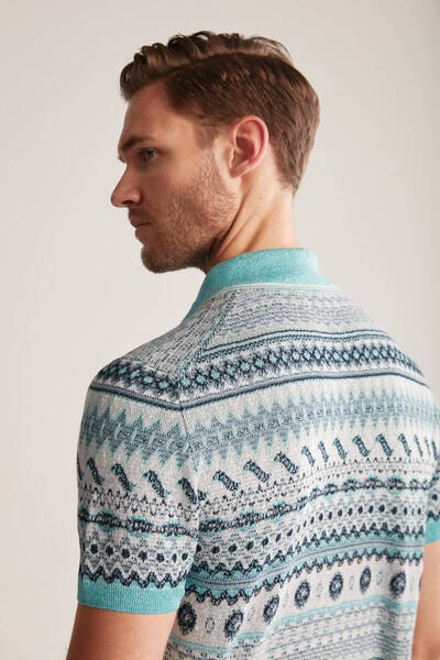 Hemington Linen Cotton Blend Ethnic Pattern Navy Blue-White Knitwear Polo