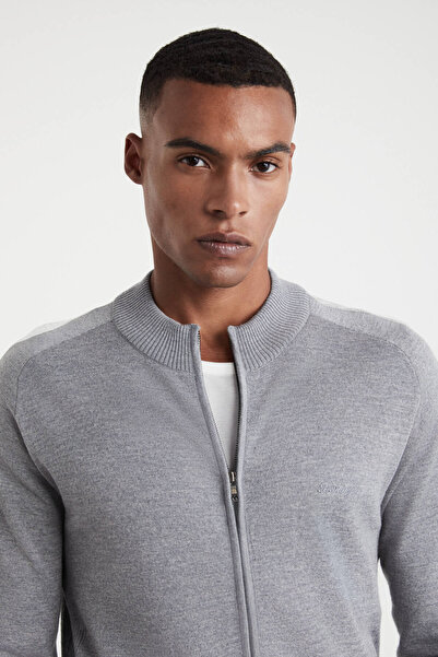 Hemington Kolları Şerit Detaylı Fermuarlı Gri Triko Spor Ceket