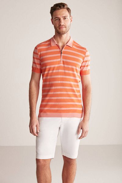 Hemington Zipper Detailed Stripe Patterned Orange Knitwear Polo