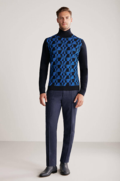 Hemington Patterned Navy Blue Turtleneck Collar Merino Wool Knitwear
