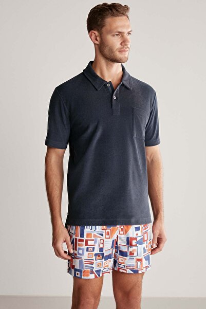 Hemington Navy Blue Terry Fabric Polo Neck T-Shirt