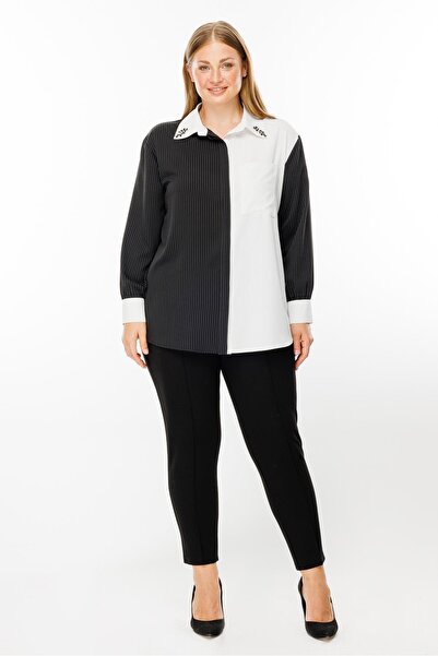 Moda İlgi Modailgi  Siyah/Ekru Kombinli Yakası Taşlı Çizgili Gömlek Siyah/Ekru