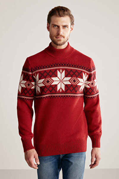 Hemington Snow Pattern Half Turtleneck Lambswool Burgundy Sweater