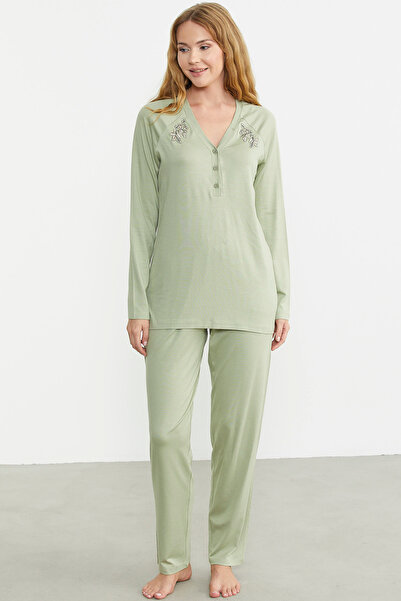 Sementa Green Embroidery Detailed Buttoned Pajama Set