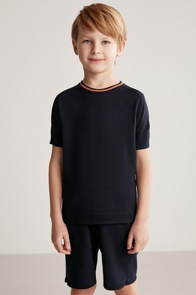 Hemington Navy Blue Knitwear Children's T-Shirt with Embroidery Logo and Collar Detail