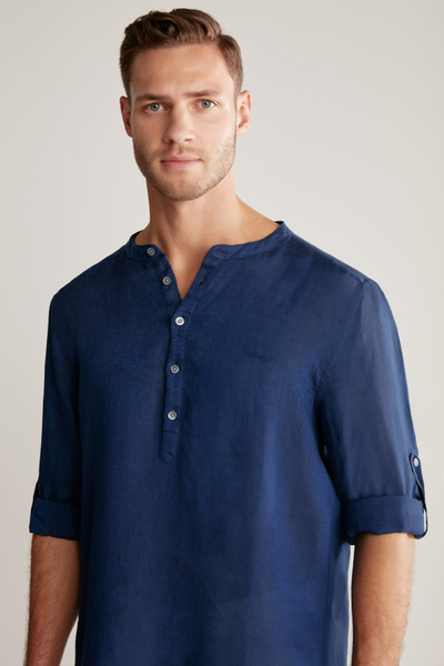 Hemington Pure Linen Navy Blue Judge Collar Shirt