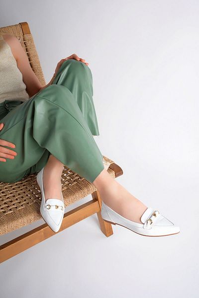 Lizizu Balerini de damă din piele naturală cu cataramă cu accesorii albe - vârf ascuțit