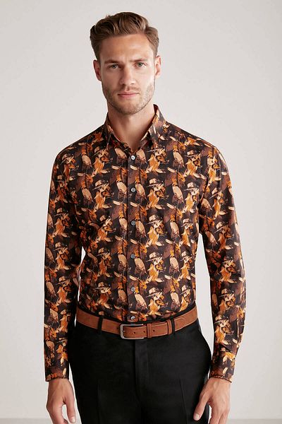 Hemington Leaf Patterned Pure Cotton Black-Orange Shirt