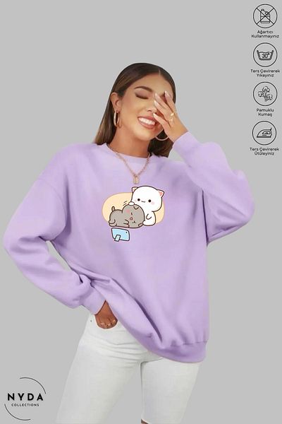 Nyda Collections Дълъг ръкав с шарка Bubu Dudu - щампа за сън, голям суитшърт без качулка