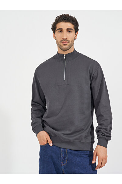 Styli Half-Zip Relaxed Fit Fleece Sweatshirt with Front Seam Detail