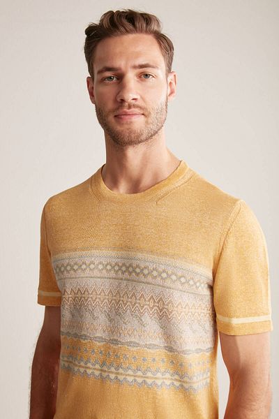 Hemington Linen Cotton Blend Ethnic Pattern Yellow Knitwear T-Shirt