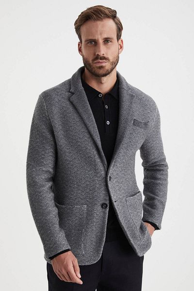 Hemington Herringbone Patterned Pure Cashmere Light Gray Knitwear Jacket