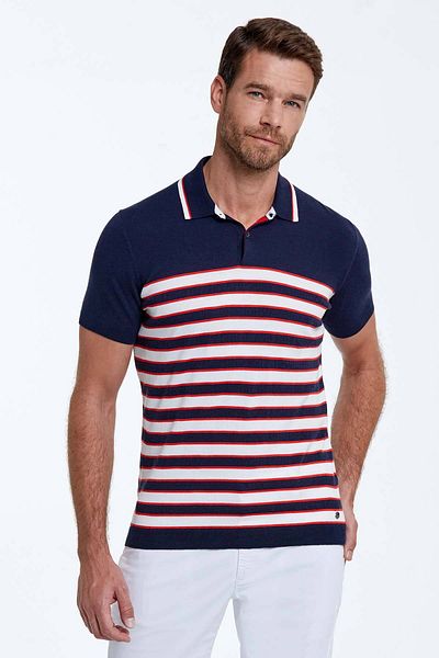 Hemington Navy Blue Knitwear Polo with White Stripe Pattern