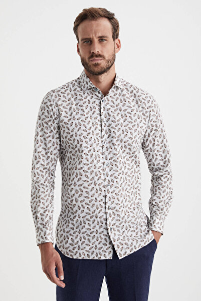 Hemington Şal Desenli Beyaz-Kırmızı Saf Pamuk Gömlek