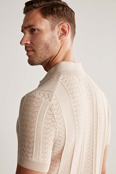 Hemington Ajur Örgü Detaylı Krem Rengi Triko Polo