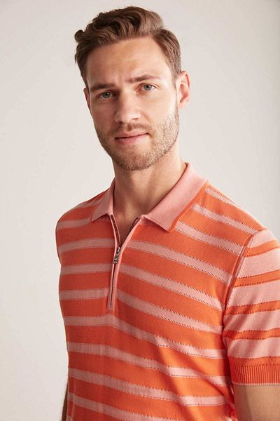 Hemington Zipper Detailed Stripe Patterned Orange Knitwear Polo