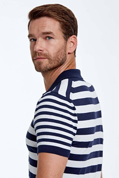 Hemington Navy Blue Striped Pure Cotton Knitwear Polo with Zipper Detail