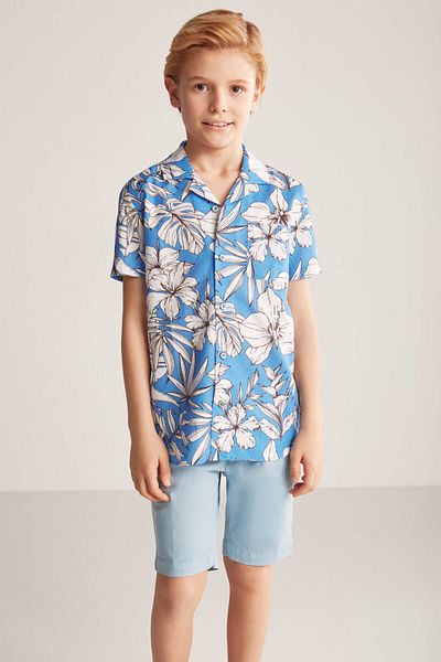 Hemington Flower Pattern Linen Cotton Blend Blue Children's Shirt