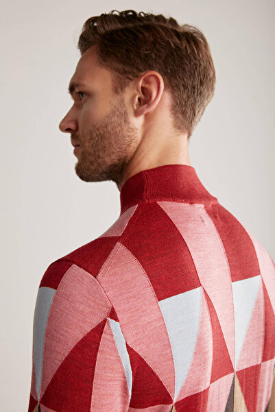 Hemington Patterned Brown-Pink Half Turtleneck Merino Wool Sweater