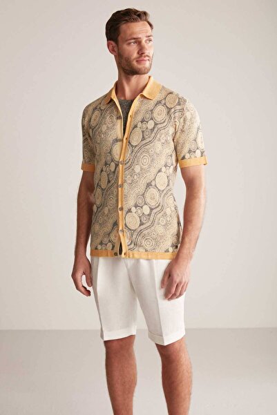 Hemington Keten Karışım Düğme Detaylı Sarı-Siyah Kısa Kol Gömlek