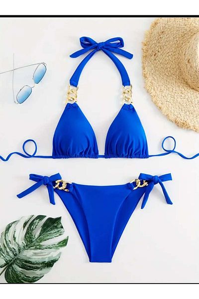 nuriçgiyim Saxe Blue Bikini Set with Ring Detail