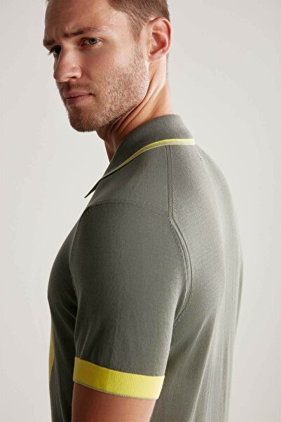 Hemington Patterned Zipper Detailed Khaki Knitwear Polo