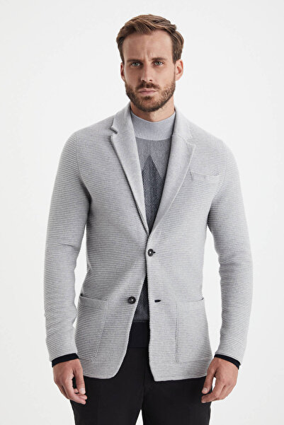 Hemington Stripe Pattern Pure Cashmere Light Gray Knitwear Jacket