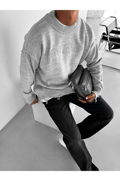 ablukaonline Men's Oversize Embroidered Round Collar Cotton Sweater Gray