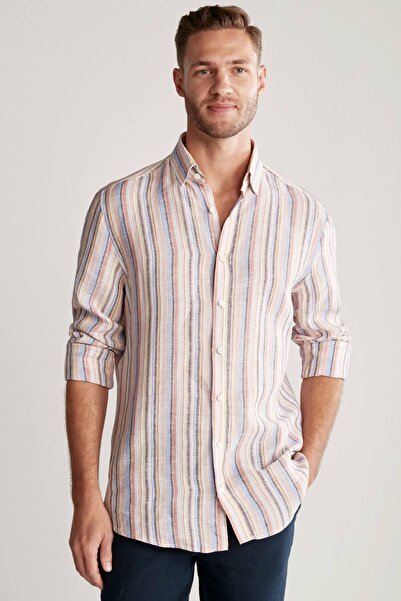 Hemington Pure Linen Shirt with Orange Stripes