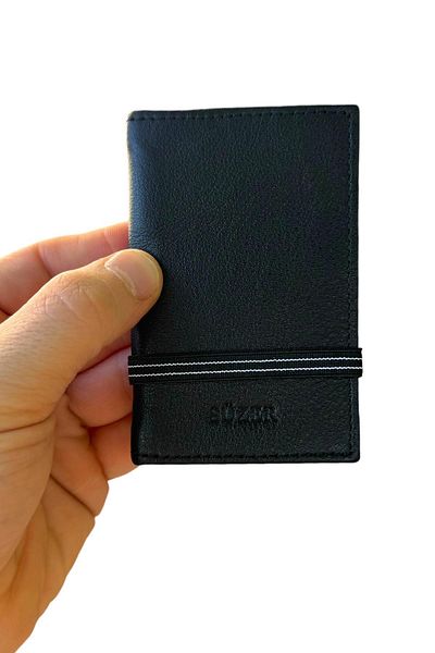 Süzer Deri 100% Genuine Leather Unisex Black Elastic Vertical Card Holder