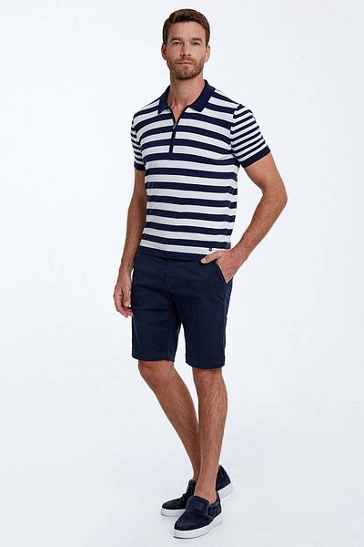 Hemington Navy Blue Striped Pure Cotton Knitwear Polo with Zipper Detail
