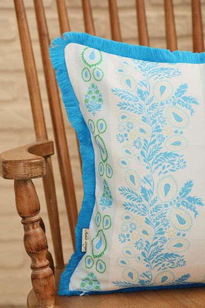 Aisha's Design Ocean Blue Motif Line Patterned Throw Pillow Cover - Fringed Edge, 45X45 Cm, K-407