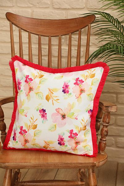 Aisha's Design Pink Fuchsia Floral Patterned Throw Pillow Cover - Fringed Edge, 45X45 Cm, K-407