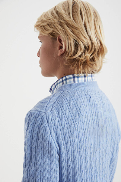 Hemington Saç Örgü Desenli Lambswool Buz Mavisi Çocuk Kazak