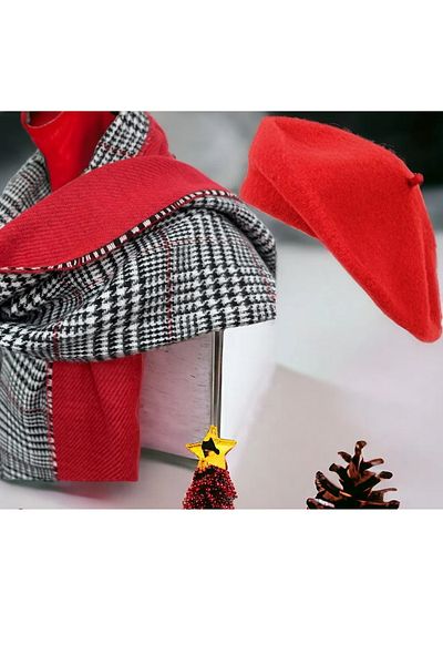 MinaCarin Women's Shawl Double Sided Houndstooth French Painter Beret 2-Piece Combination