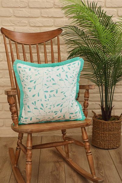 Aisha's Design Water Green Little Leaf Patterned Throw Pillow Cover - 45X45 Cm, Fringed Edge, K-407