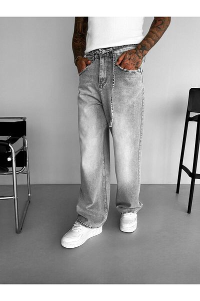 ablukaonline Γκρι ανδρικό τζιν παντελόνι Super Baggy με ζώνη